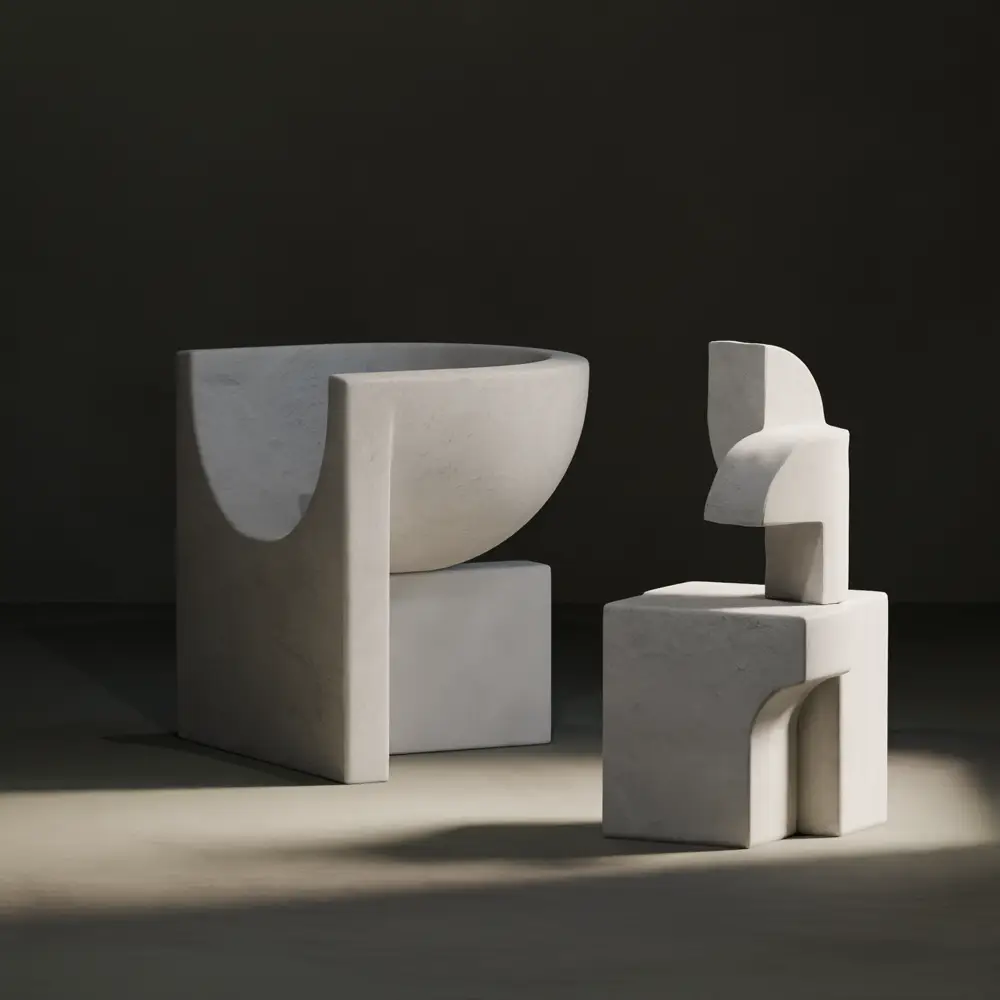 Scoop chair and sculptures
