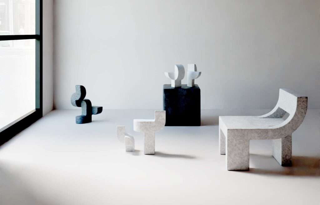 Gallery setting with sculptures